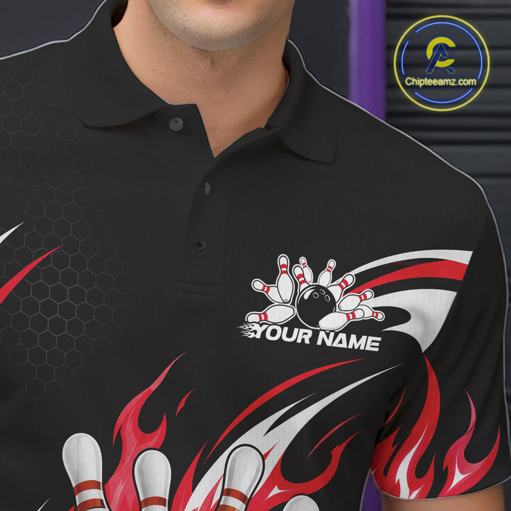 Custom Red Flame Bowling Jerseys, Bowling Team Men Polo Shirt Bowlers Outfit IPHW11707