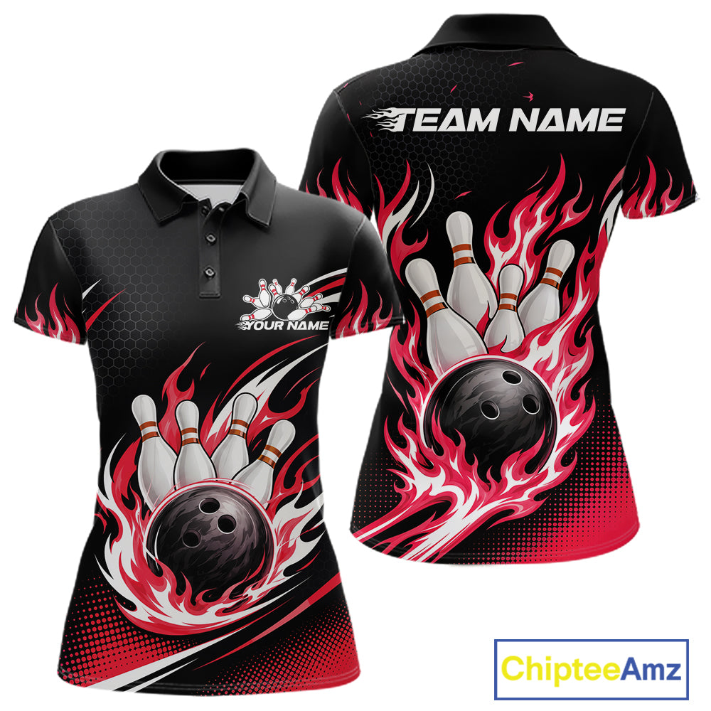 Custom Red Flame Bowling Jerseys, Bowling Team Women Polo Shirt Bowlers Outfit IPHW11707