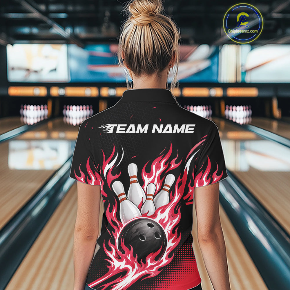 Custom Red Flame Bowling Jerseys, Bowling Team Women Polo Shirt Bowlers Outfit IPHW11707