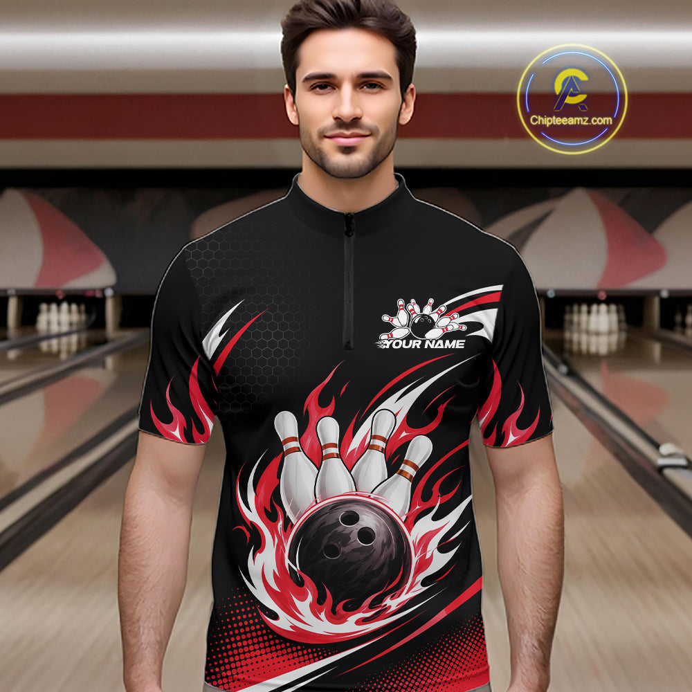Custom Red Flame Bowling Jerseys, Bowling Team Men Quarter Zip Shirt Bowlers Outfit IPHW11707