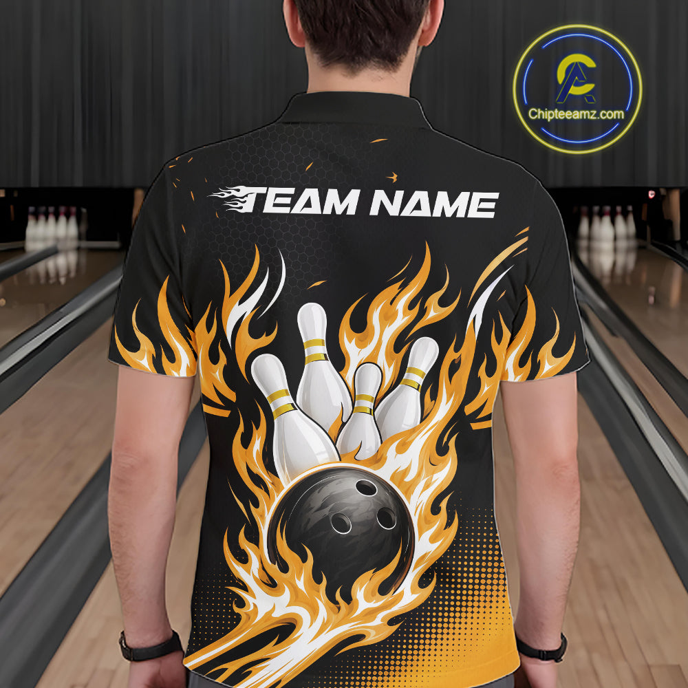 Custom Yellow Flame Bowling Jerseys, Bowling Team Men Polo Shirt Bowlers Outfit IPHW11708