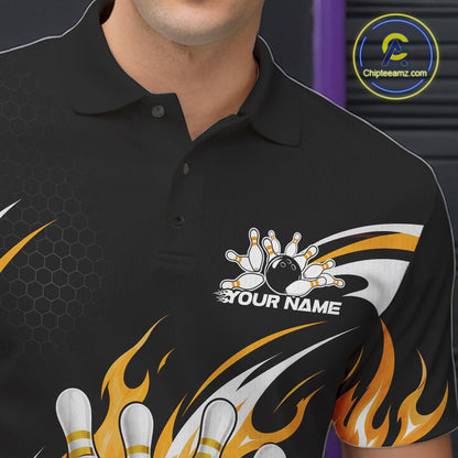 Custom Yellow Flame Bowling Jerseys, Bowling Team Men Polo Shirt Bowlers Outfit IPHW11708