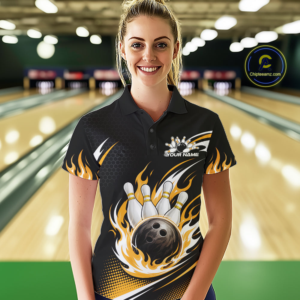 Custom Yellow Flame Bowling Jerseys, Bowling Team Women Polo Shirt Bowlers Outfit IPHW11708