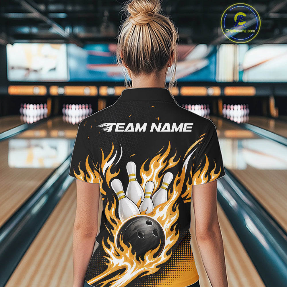 Custom Yellow Flame Bowling Jerseys, Bowling Team Women Polo Shirt Bowlers Outfit IPHW11708
