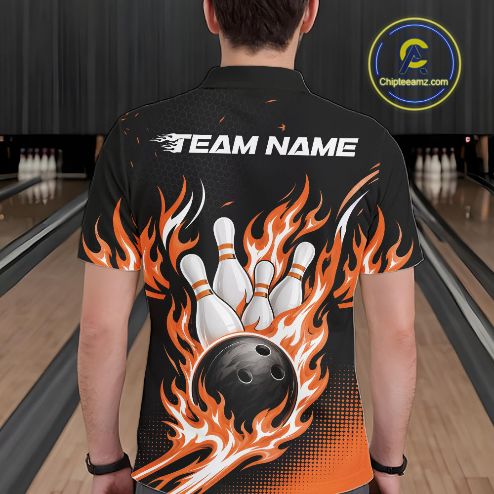 Custom Orange Flame Bowling Jerseys, Bowling Team Men Polo Shirt Bowlers Outfit IPHW11709
