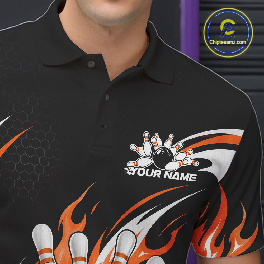 Custom Orange Flame Bowling Jerseys, Bowling Team Men Polo Shirt Bowlers Outfit IPHW11709