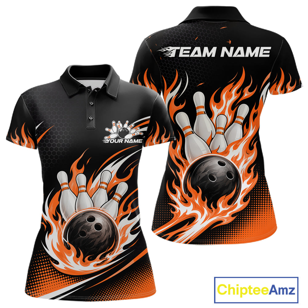 Custom Orange Flame Bowling Jerseys, Bowling Team Women Polo Shirt Bowlers Outfit IPHW11709