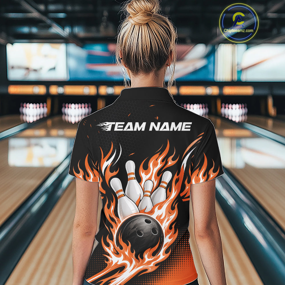 Custom Orange Flame Bowling Jerseys, Bowling Team Women Polo Shirt Bowlers Outfit IPHW11709