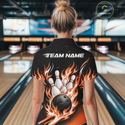 Custom Orange Flame Bowling Jerseys, Bowling Team Women Polo Shirt Bowlers Outfit IPHW11709