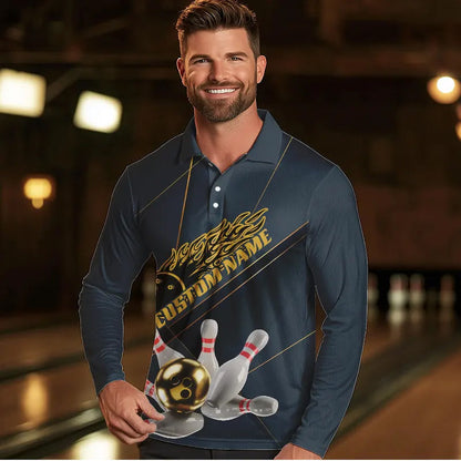 Custom Golden Bowling Long Sleeve Polo Shirts For Men, Flame Bowling Team Shirts Bowling Uniform IPHW7335