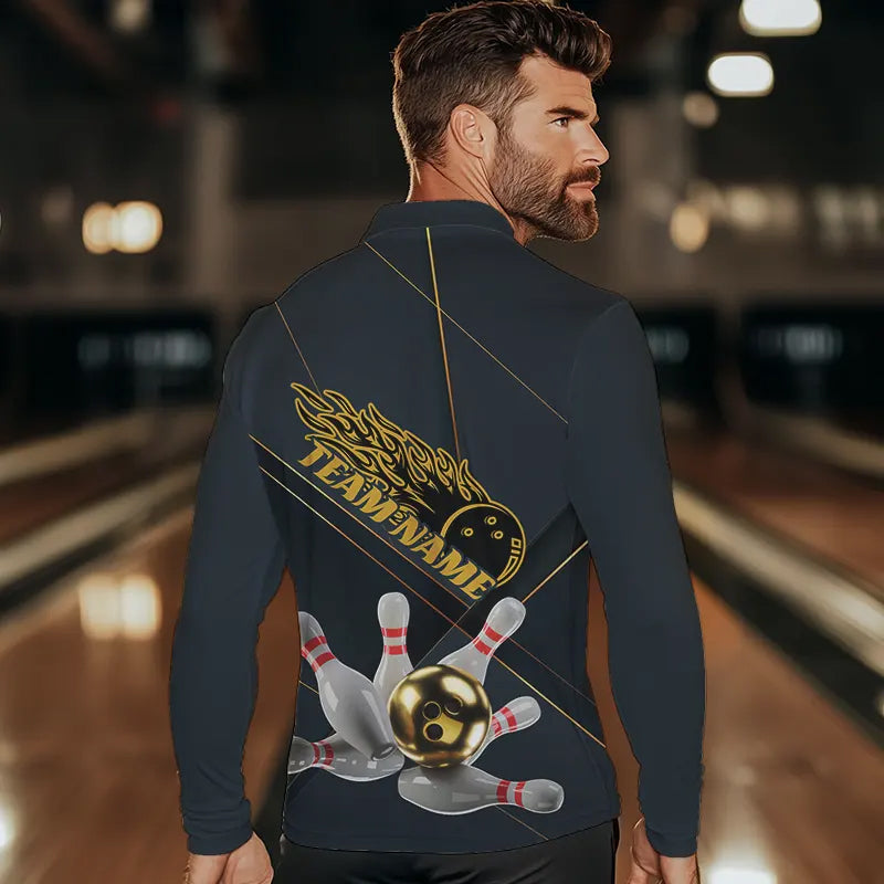 Custom Golden Bowling Long Sleeve Polo Shirts For Men, Flame Bowling Team Shirts Bowling Uniform IPHW7335