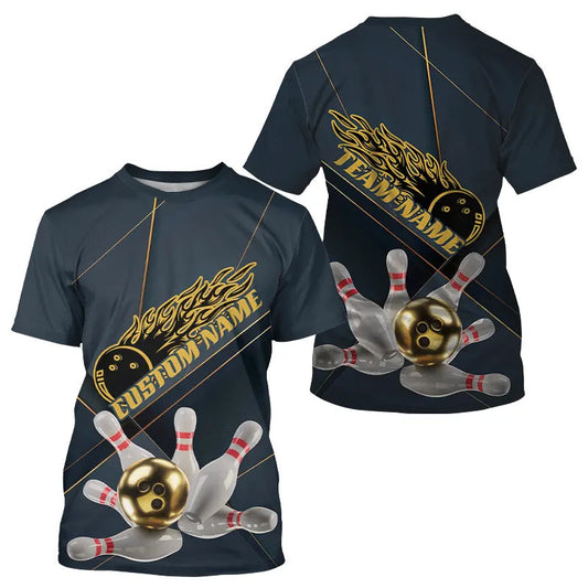 Custom Golden Bowling T-Shirts For Men, Flame Bowling Team Bowling Uniform IPHW7335