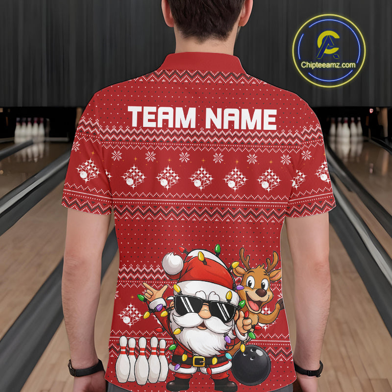 Custom Funny Christmas Men Bowling Shirts, Santa Claus And Reindeer Xmas Bowling Shirt IPHW10203