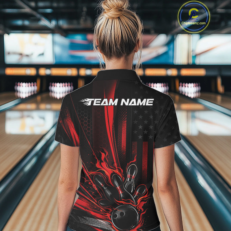 Custom Black And Red US Flag Patriotic Women Bowling Shirt, Flame Bowling Jerseys IPHW10640