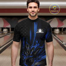 Load image into Gallery viewer, Custom Black And Blue US Flag Patriotic Men Bowling Shirt, American Flame Bowling Jerseys IPHW10641