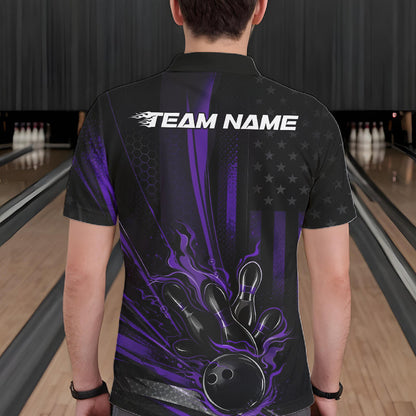 Custom Black And Purple US Flag Patriotic Men Bowling Shirt, American Flame Bowling Jersey IPHW10642