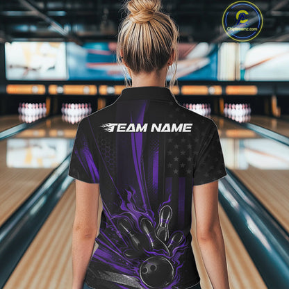 Custom Black And Purple US Flag Patriotic Women Bowling Shirt, American Flame Bowling Jersey IPHW10642
