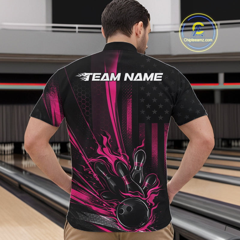 Custom Black And Pink US Flag Patriotic Men Bowling Shirt, American Flame Bowling Jersey IPHW10643
