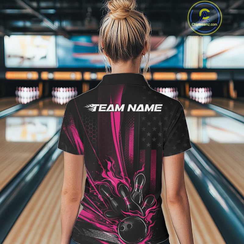 Custom Black And Pink US Flag Patriotic Women Bowling Shirt, Flame Bowling Jersey IPHW10643