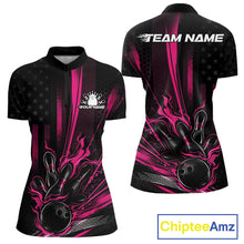 Load image into Gallery viewer, Custom Black And Pink US Flag Patriotic Women Bowling Shirt, Flame Bowling Jersey IPHW10643