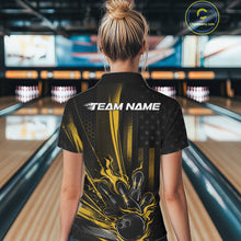 Load image into Gallery viewer, Custom Black And Yellow US Flag Patriotic Women Bowling Shirt, Flame Bowling Jersey IPHW10644