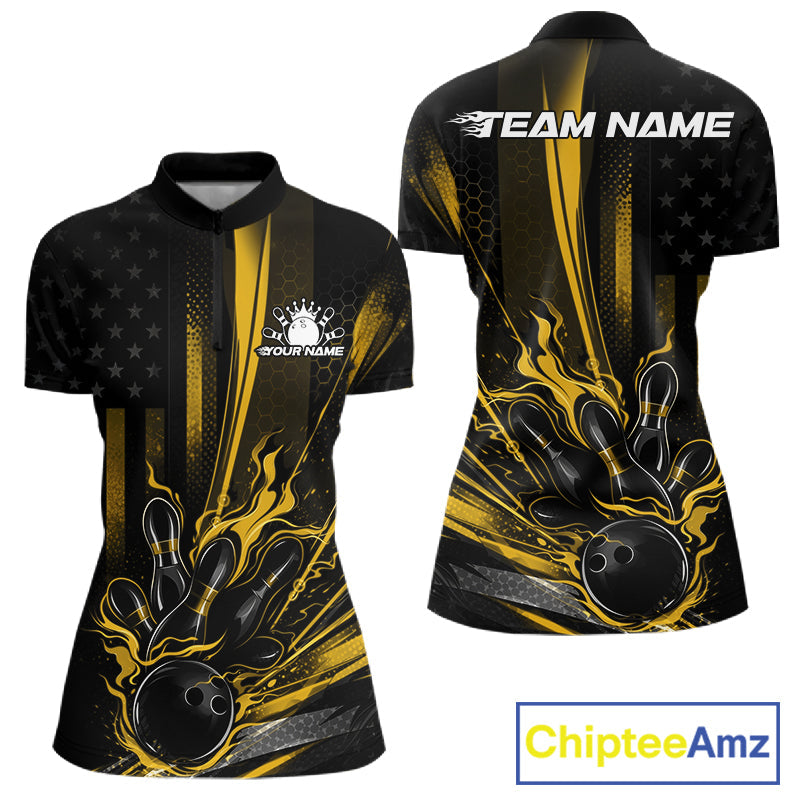 Custom Black And Yellow US Flag Patriotic Women Bowling Shirt, Flame Bowling Jersey IPHW10644