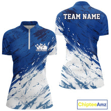 Load image into Gallery viewer, Front and back view of a women's bowling quarter-zip shirt mockup with a white and blue splatter-inspired athletic jersey pattern