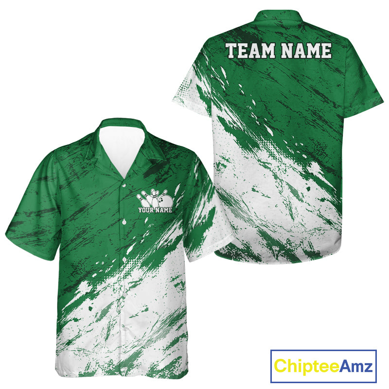 Front and back mockup of a button up bowling shirt with white and green paint splatter graphics, grunge details, and a custom name.
