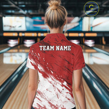 Load image into Gallery viewer, Person wearing a red and white shirt with 'TEAM NAME' on the back in a bowling alley.