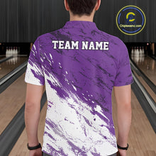 Load image into Gallery viewer, Back view of a male model in a bowling alley wearing a bowling polo shirt featuring a white and purple paint splatter distressed sportswear design.
