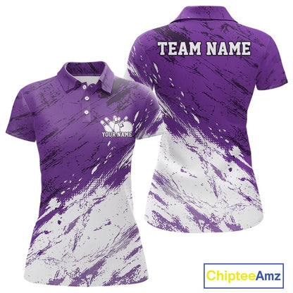 Front and back views of a women's bowling polo shirt featuring a white and purple paint splatter distressed sportswear design.
