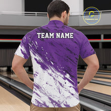 Load image into Gallery viewer, Man wearing a purple and white bowling shirt with 'TEAM NAME' on the back, standing in a bowling alley.