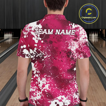 Person wearing a pink and white bowling shirt with 'TEAM NAME' on a bowling alley.