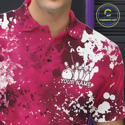 Pink and white patterned polo shirt with bowling design and 'Your Name' text, brand logo visible.