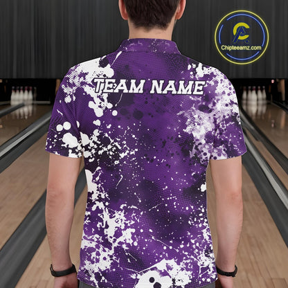 Person wearing a purple and white bowling shirt with 'TEAM NAME' text at a bowling alley.
