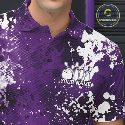 Purple polo shirt with white splatter design and bowling graphic, featuring 'Chipteeamz.com' logo.