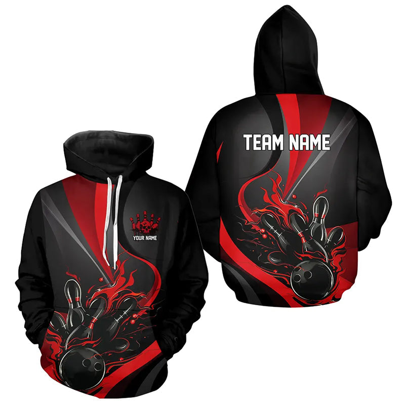 Custom Red And Black Flame Bowling Team Shirts, Strike Bowling Hoodie Shirts For Men And Women IPHW6755