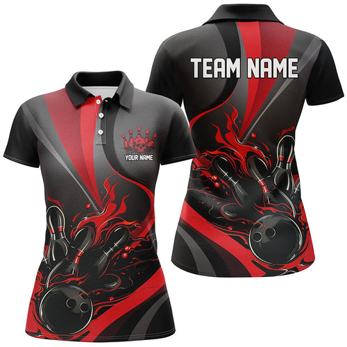 Red And Black Flame Bowling Team Shirts, Strike Bowling Short Sleeve Polo Shirts For Women IPHW6755
