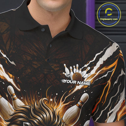 Custom Black And Gold Lion Bowling Jerseys, Lion Bowling Tournament Men Polo Shirt IPHW10354