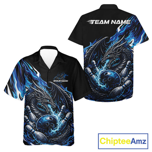 Custom Blue Flame Dragon Bowling Men And Women Hawaiian Team Shirts, Bowling Tournament Shirt IPHW10359