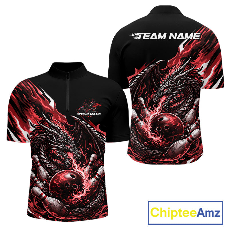 Custom Red Flame Dragon Bowling Men Quarter-Zip Team Shirts, Bowling Tournament Shirt IPHW10360