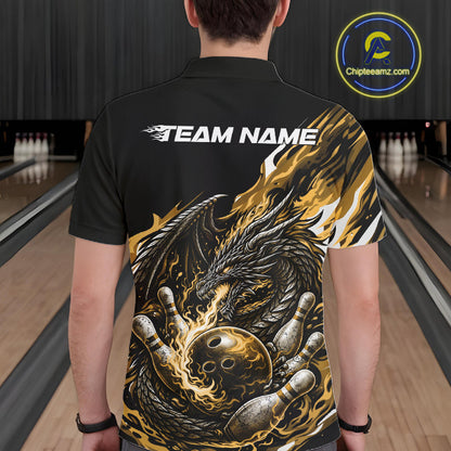 Custom Yellow Flame Dragon Bowling Men Polo Team Shirts, Bowling Tournament Shirt IPHW10361