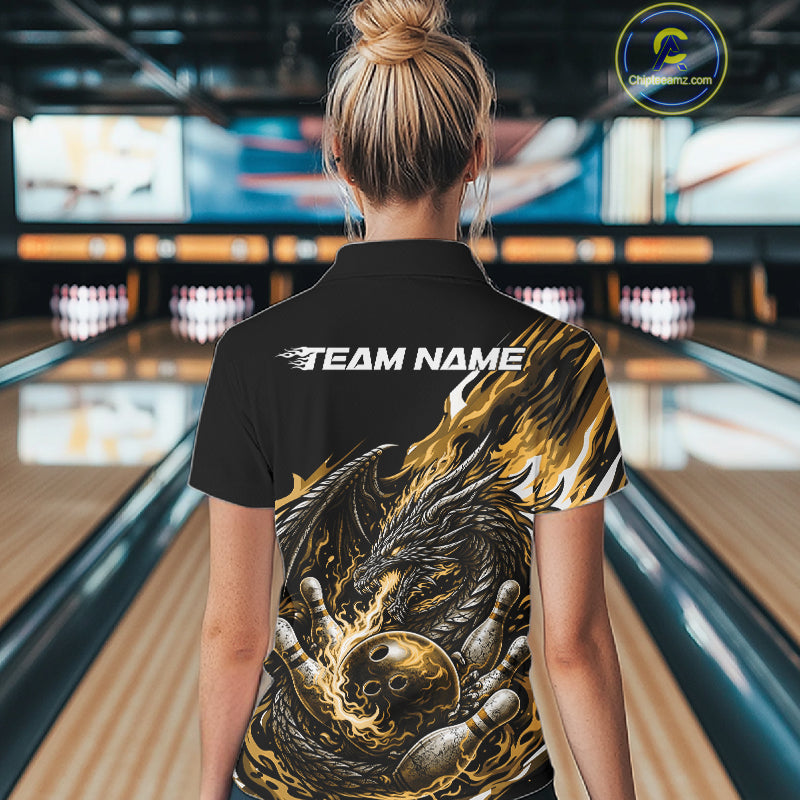 Custom Yellow Flame Dragon Bowling Women Quarter-Zip Shirts, Bowling Tournament Shirt IPHW10361