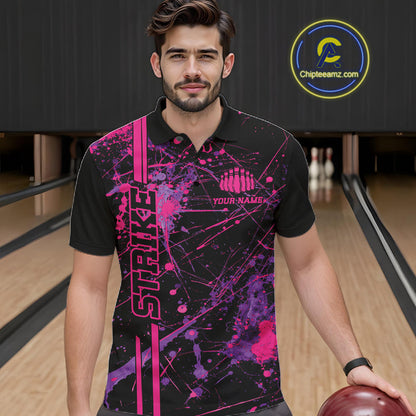 Custom Purple And Pink Splatter Camo Strike Bowling League Shirts, Men Bowling Jerseys IPHW10649