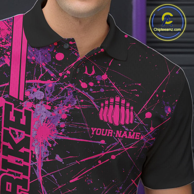 Custom Purple And Pink Splatter Camo Strike Bowling League Shirts, Men Bowling Jerseys IPHW10649