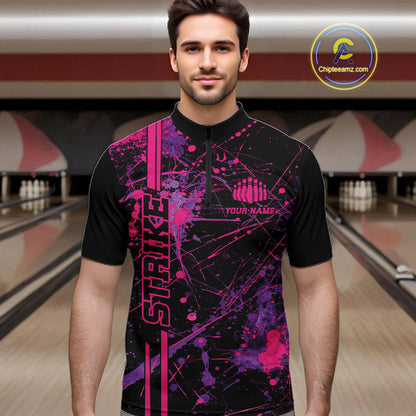 Custom Purple And Pink Splatter Camo Strike Bowling League Shirts, Men Bowling Jerseys IPHW10649