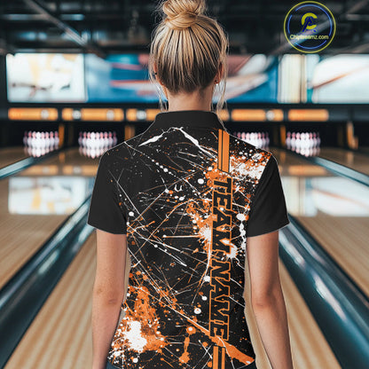 Custom Black And Orange Splatter Camo Strike Bowling League Shirts, Women Bowling Jerseys IPHW10650