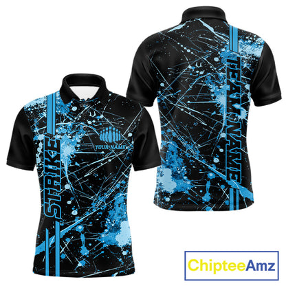 Custom Black And Blue Splatter Camo Strike Bowling League Shirts, Men Bowling Jerseys IPHW10652
