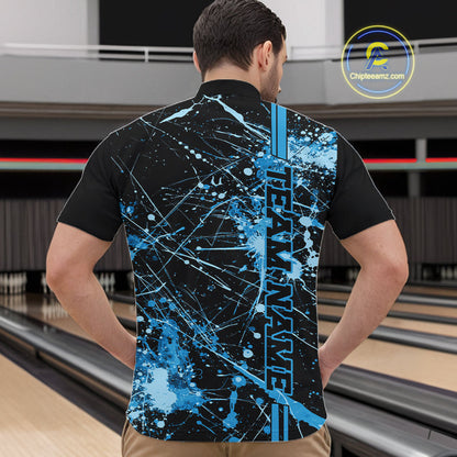 Custom Black And Blue Splatter Camo Strike Bowling League Shirts, Men Bowling Jerseys IPHW10652