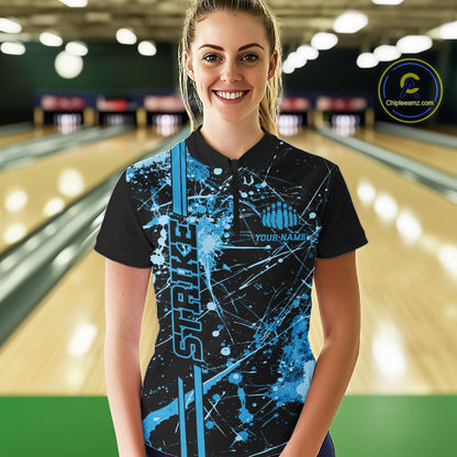 Custom Black And Blue Splatter Camo Strike Bowling League Shirts, Women Bowling Jerseys IPHW10652